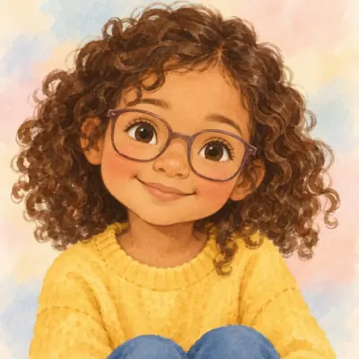 Nino’s portrait in the storybook watercolour style: a curly-haired girl with glasses and a yellow jumper.