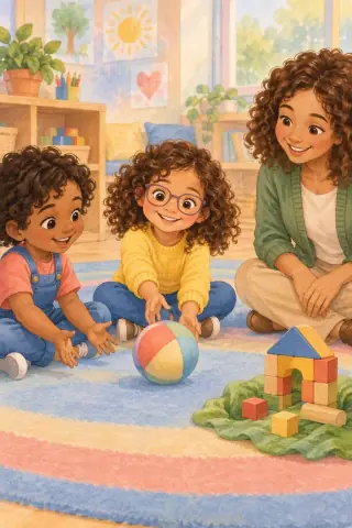 Nino plays ball with a new friend at kindergarten.