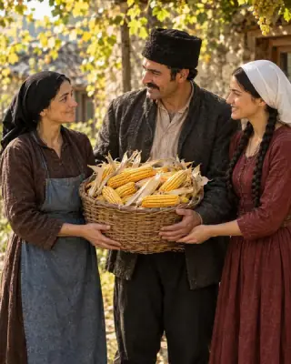 Two women and a man smile at each other over a basket of corn.