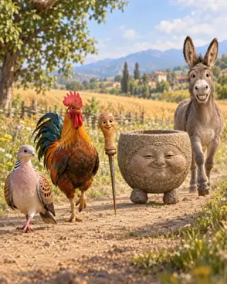 The turtle dove and her helpers — a rooster, an awl, a stone mortar and a donkey — on a village road.