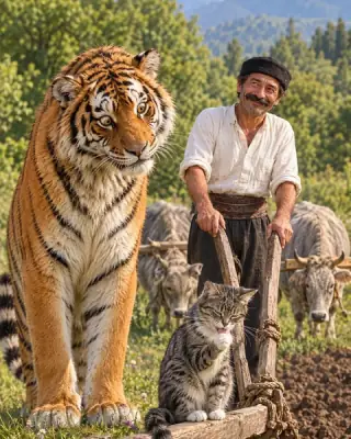 A big tiger, a cat sitting on a plough and a farmer in a ploughed field.