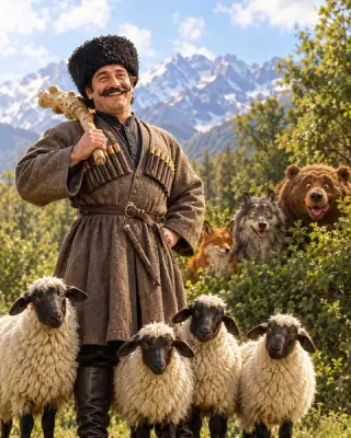 Komble with his sheep in a mountain pasture.