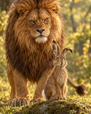 A big lion and a little hare at the edge of a forest.
