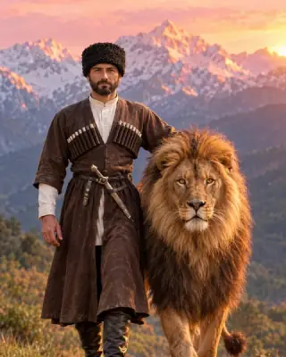 A man in a chokha and a lion walk together along a mountain road.