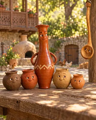 A sunny village yard: the boastful pot, four little pots and a wooden ladle under a vine arbour.