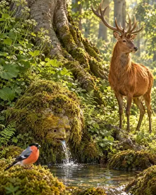 A forest spring flows from a mossy stone; a deer stands nearby and a little bird sits on a rock.