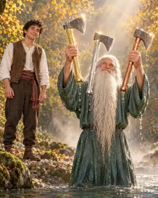 A bearded old man standing in a river shows three axes to a young man.