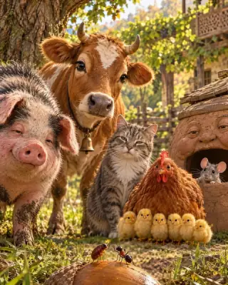 A pig, a cow, a cat and a hen with her chicks in a village yard.