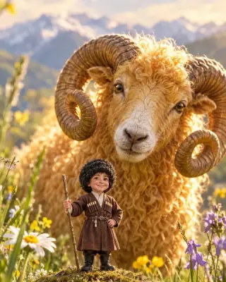 Little Tserodena and a ram with a golden fleece in a meadow full of flowers.