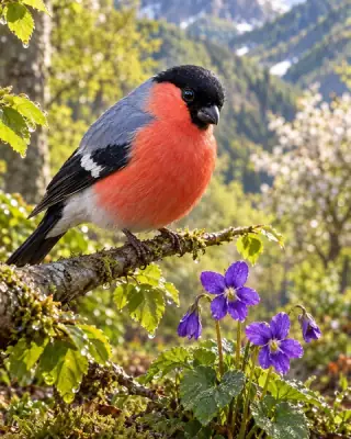 A little bird sits on a branch, violets bloom below and snowy mountains rise behind.
