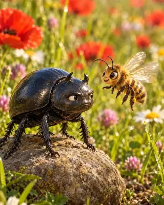A beetle standing on a stone and a bee in a meadow full of poppies.